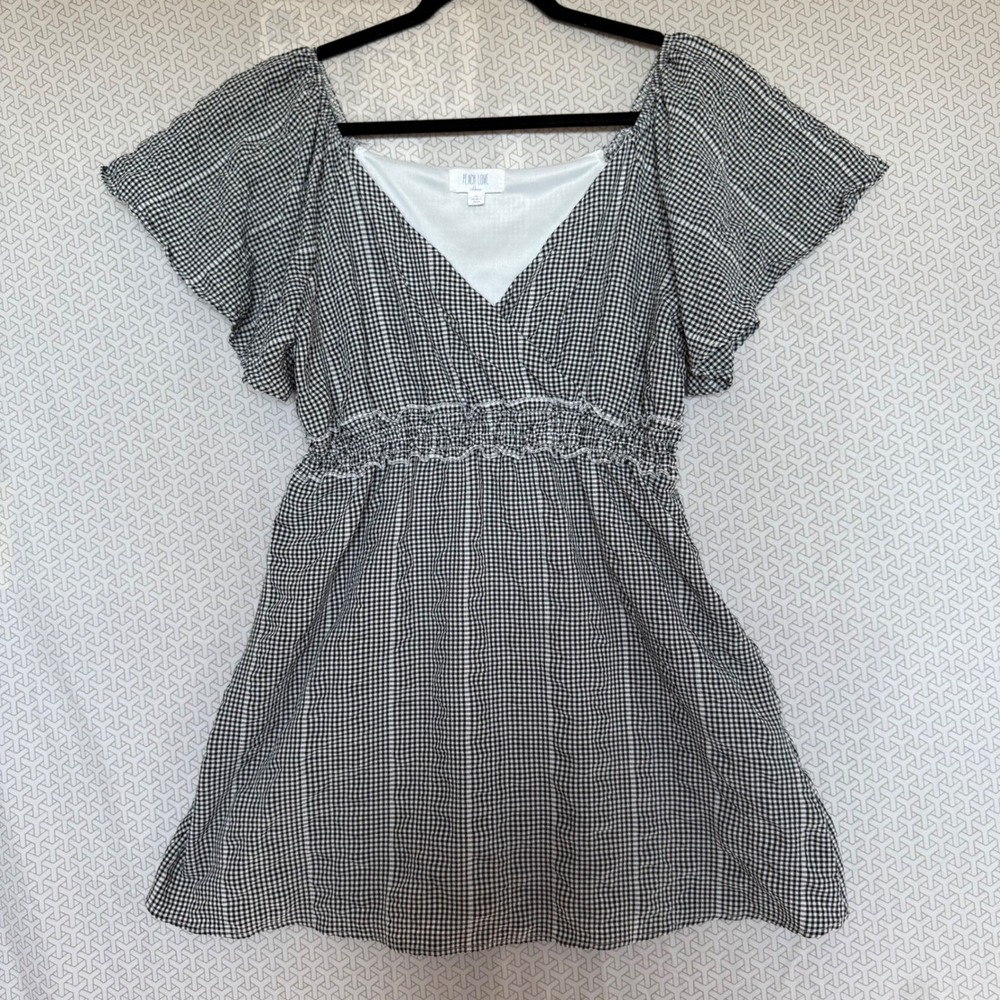 Peach Love California Gingham Smocked Waist Flutter Sleeve V Neck Min Dress Sz L